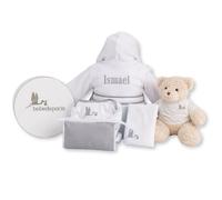 BebeDeParis Canastilla Bebé Recién Nacido Personalizada | Cesta Bebé Niño Niña | Albornoz con el Nombre Bordado | Body | Neceser | Funda | Muselina y Oso de Peluche | 3 a 18 Meses (Neutro)