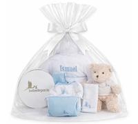 BebeDeParis Canastilla Bebé Recién Nacido Personalizada | Cesta Bebé Niño Niña | Albornoz con el Nombre Bordado | Body | Neceser | Funda | Muselina y Oso de Peluche | 3 a 18 meses (Azul)