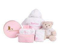 BebeDeParis Canastilla Bebé Recién Nacido Personalizada | Cesta Bebé Niño Niña | Albornoz con el Nombre Bordado | Body | Neceser | Funda | Muselina y Oso de Peluche | 3 Meses/ 1 Año (Rosa)
