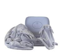 BebeDeParis Canastilla de nacimiento con Maleta para Bebés. Incluye Manta personalizada gris y Doudou o muñequito de apego. Cesta de nacimiento en forma de maleta reutilizable y personalizable.
