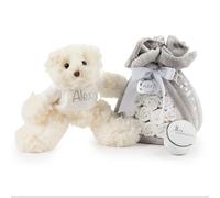 BebeDeParis | Tarta de Pañales para Recién Nacida con Manta Gris Bordada con nombre + 15 pañales Moltex Premium Ecológicos, Talla 2 (3-6 Meses) + Chupete Personalizado (Unisex, Set con Peluche)