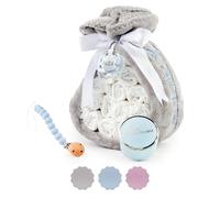 BebeDeParis | Tarta de Pañales para Recién Nacida con Manta Gris Bordada con nombre + 15 pañales Moltex Premium, ecológicos, Talla 2 (3-6 Meses) + Chupete Personalizado (Azul, Set con Chupetero)