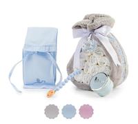 BebeDeParis | Tarta de Pañales para Recién Nacida con Manta Gris Bordada con nombre + 15 pañales Moltex Premium, ecológicos, Talla 2 (3-6 Meses) + Chupete Personalizado (Azul, Set con Pañalera)