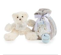 BebeDeParis | Tarta de Pañales para Recién Nacida con Manta Gris Bordada con nombre + 15 pañales Moltex Premium, ecológicos, Talla 2 (3-6 Meses) + Chupete Personalizado (Azul, Set con Peluche)
