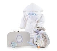 BebeDeParis | Tarta de Pañales para Recién Nacida con Manta Gris Bordada con nombre + 15 pañales Moltex Premium, ecológicos, Talla 2 (3-6 Meses) + Chupete Personalizado (Azul, Set con Albornoz)