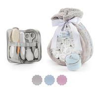 BebeDeParis | Tarta de Pañales para Recién Nacida con Manta Gris Bordada con nombre + 15 pañales Moltex Premium, ecológicos, Talla 2 (3-6 Meses) + Chupete Personalizado (Azul, Set con Estuche de Baño)