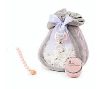BebeDeParis | Tarta de Pañales para Recién Nacida con Manta Gris Bordada con nombre + 15 pañales Moltex Premium, ecológicos, Talla 2 (3-6 Meses) + Chupete Personalizado (Rosa, Set con Chupetero)