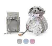 BebeDeParis | Tarta de Pañales para Recién Nacida con Manta Gris Bordada con nombre + 15 pañales Moltex Premium Ecológicos, Talla 2 (3-6 Meses) + Chupete Personalizado (Unisex, Set con Pañalera)