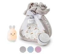 BebeDeParis | Tarta de Pañales para Recién Nacida con Manta Gris Bordada con nombre + 15 pañales Moltex Premium Ecológicos, Talla 2 (3-6 Meses) + Chupete Personalizado (Unisex, Set con Lámpara)