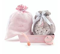 BebeDeParis | Tarta de Pañales para Recién Nacida con Manta Gris Bordada con nombre + 15 pañales Moltex Premium, ecológicos, Talla 2 (3-6 Meses) + Chupete Personalizado (Rosa, Set Escuela Infantil)