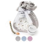 BebeDeParis | Tarta de Pañales para Recién Nacida con Manta Gris Bordada con nombre + 15 pañales Moltex Premium Ecológicos, Talla 2 (3-6 Meses) + Chupete Personalizado (Unisex, Set con Chupetero)