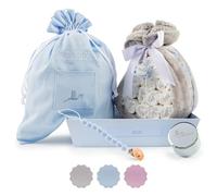 BebeDeParis | Tarta de Pañales para Recién Nacida con Manta Gris Bordada con nombre + 15 pañales Moltex Premium, ecológicos, Talla 2 (3-6 Meses) + Chupete Personalizado (Azul, Set Escuela Infantil)