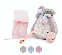 BebeDeParis | Tarta de Pañales para Recién Nacida con Manta Gris Bordada con nombre + 15 pañales Moltex Premium, ecológicos, Talla 2 (3-6 Meses) + Chupete Personalizado (Rosa, Set con Pañalera)