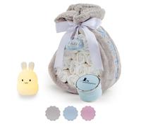 BebeDeParis | Tarta de Pañales para Recién Nacida con Manta Gris Bordada con nombre + 15 pañales Moltex Premium, ecológicos, Talla 2 (3-6 Meses) + Chupete Personalizado (Azul, Set con Lámpara)