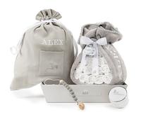 BebeDeParis | Tarta de Pañales para Recién Nacida + Manta Gris Bordada con nombre + 15 pañales Moltex Premium Ecológicos, Talla 2 (3-6 Meses) + Chupete Personalizado (Unisex, Set Escuela Infantil)