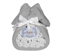 BebeDeParis | Tarta de Pañales para Recién Nacida + Manta Gris Bordada con nombre + 15 pañales Moltex Premium, ecológicos, Talla 2 (3-6 Meses) + Chupete Personalizado (Azul, Set Individual)