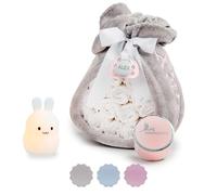 BebeDeParis | Tarta de Pañales para Recién Nacida + Manta Gris Bordada con nombre + 15 pañales Moltex Premium, ecológicos, Talla 2 (3-6 Meses) + Chupete Personalizado (Rosa, Set con Lámpara)