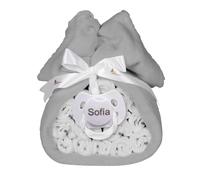 BebeDeParis | Tarta de Pañales para Recién Nacida + Manta Gris Bordada con nombre + 15 pañales Moltex Premium Ecológicos, Talla 2 (3-6 Meses) + Chupete Personalizado (Unisex, Set Individual)