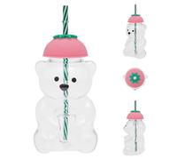 Bebedero de cristal de oso, taza de cristal transparente con pajita y tapa sellada, 590 ml, vaso de café ergonómico para espresso, leche, té, zumo, café (modelo de fresa)