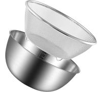 BEBEMOKO Colador de Acero Inoxidable 24 Cm Juego 2 Piezas Colador Metálico de Malla Fina y Cuenco para Lavar Arroz Verduras y Frutas Utensilios de Cocina Multifuncional Base Antideslizante