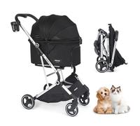 Beberoad Pets Cochecito para mascotas T4 para perros pequeños y medianos, cochecitos para gatos para 2 gatos, cochecito plegable de 4 ruedas para gatos con almohadilla, toldo y portavasos, color negro