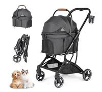 Beberoad Pets Cochecito T3 3 en 1 para mascotas pequeñas para perros y gatos, 4 ruedas con transportador desmontable con almohadilla, toldo y portavasos, color negro