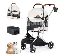Beberoad Pets T3 PRO - Cochecito para mascotas para perros pequeños y medianos, 4 ruedas, plegable, impermeable, con almohadilla, toldo y portavasos, color beige