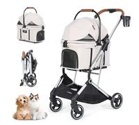 Beberoad Pets T3 PRO - Cochecito pequeño 3 en 1 para mascotas para perros y gatos, 4 ruedas con transportador desmontable con almohadilla, toldo y portavasos, color beige