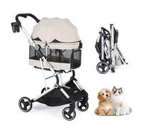 Beberoad Pets T4 PRO - Cochecito para mascotas para perros pequeños y medianos, 4 ruedas, plegable, impermeable, con almohadilla, toldo y portavasos, color beige