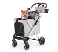 Beberoad Pets X6 - Cochecito de paseo para perros medianos de hasta 30 kg, plegable con un solo clic, adecuado para viajes y paseos, capota de 180°, amortiguación de impactos de 4 ruedas (gris)