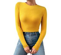 BebeXi Camiseta interior térmica de manga corta para hombre, cuello redondo, color liso, de punto, manga larga, bodysuit top y camiseta interior para mujer, amarillo, Talla única