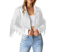 BebeXi Chaqueta de mujer de ante sintético con flecos. Chaqueta de motorista de moda corta con flecos, 1 blanco., L
