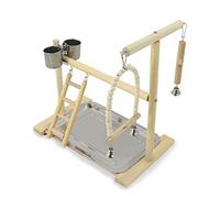 BEBIKR Soporte para pájaros con bandeja de acero inoxidable, tazas de alimentación, escalera, columpio de madera, juguete para masticar pájaros pequeños, soporte de madera natural con cuencos grandes