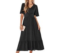 BebreezChic Vestido de verano largo para mujer, estilo bohemio, elegante, manga corta, cuello en V, cintura alta, con lunares suizos, con flores, vestido de playa, Negro , XL