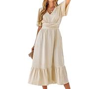 BebreezChic Vestido largo bohemio de manga corta con cuello en V de cintura alta fruncido con lunares suizos vestido de playa maxi, beige, L
