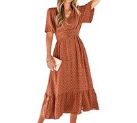 BebreezChic Vestido largo bohemio de manga corta con cuello en V de cintura alta fruncido con lunares suizos vestido de playa maxi, caramelo, XL