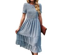 BebreezChic Vestidos Mujer Largos Elegante Manga Corta Cuello Redondo A Línea Túnica Swiss Dot Vestido Informal Casual, Azul S