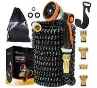 Becalia Manguera Jardin extensible - Manguera Extensible 15 metros con Adaptadores de Laton para Exterior e Interior y Pistola Regulable para Familias con Jardín, Terraza, Huerto, Campo, garden hose.