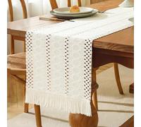 Becellen Beige Camino de Mesa Macrame Boho, Table Runner Algodón y Lino con Borlas Diseño Calado Lavable Decoración de Fiestas y Cocinas para Bodas Vacaciones Uso Diario