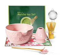 bechoanigel Matcha Set 7 Piezas - Cuenco Cerámica con Boquilla y Escoba de Bambú (Chasen), Juego Completo para Ceremonia Matcha, Leche y Ceremonia del Té, Regalo para los Amantes del Matcha (Rosa)