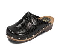 BeComfy Mujer Zuecos Zapatos de Madera con Suela de Goma/Madera Cuero Genuino Perforado Negro Azul 35 36 37 38 39 40 41 EU (Negro, 38)