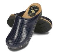 BeComfy Mujer Zuecos Zapatos de Madera con Suela de Goma/Madera Cuero Genuino Perforado Negro Azul 35 36 37 38 39 40 41 EU (Azul Marino, 41)
