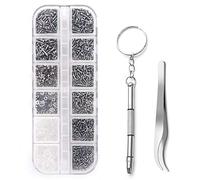 Becory Kit de reparación de lentes, 1100 tornillos pequeños y 5 pares de almohadillas de nariz de acero inoxidable con pinzas de micro destornillador para gafas, gafas de sol, reparación de relojes