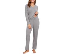 Becotal Pijama largo para mujer, juego de pijama de invierno, traje de casa de dos piezas, algodón, acanalado, ropa de dormir, ropa de dormir cálida, ropa de dormir acanalada, ropa de ocio de 2