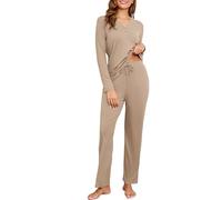 Becotal Pijama largo para mujer, juego de pijama de invierno, traje de casa de dos piezas, algodón, acanalado, ropa de dormir, ropa de dormir cálida, ropa de dormir acanalada, ropa de ocio de 2