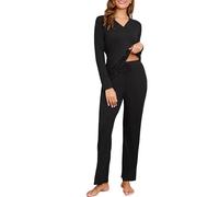 Becotal Pijama largo para mujer, juego de pijama de invierno, traje de casa de dos piezas, algodón, acanalado, ropa de dormir, ropa de dormir cálida, ropa de dormir acanalada, ropa de ocio de 2