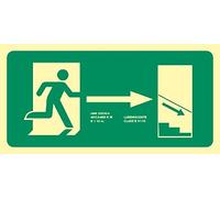 Becral® - Señal luminiscente EVACUACIÓN ESCALERA ABAJO DERECHA PVC 0,7mm Clase B 320X160mm homologado CTE, RIPCI nueva ley ref.RD11140