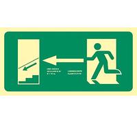 Becral® - Señal luminiscente EVACUACIÓN ESCALERA ABAJO IZQUIERDA PVC 0,7mm Clase B 320X160mm homologado CTE, RIPCI nueva ley ref.RD11141
