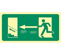 Becral® - Señal luminiscente EVACUACIÓN ESCALERA ARRIBA IZQUIERDA PVC 0,7mm Clase B 320X160mm homologado CTE, RIPCI nueva ley ref.RD11151