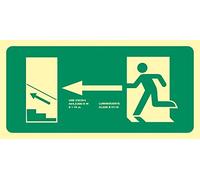 Becral® - Señal luminiscente EVACUACIÓN ESCALERA ARRIBA IZQUIERDA PVC 1mm Clase A 320X160mm homologado CTE, RIPCI nueva ley ref.A11451